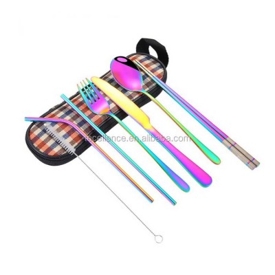 Multicolor 8 Pieces Metal Chopsticks Knife Spoon And Forks Set,Portable Stainless Steel Cutlery Set With Straws