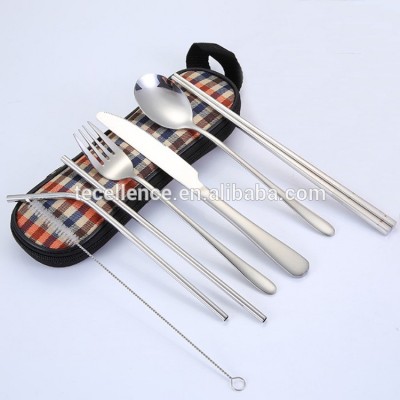 Travel Portable Cutlery Set Stainless Steel Knife Spoon Fork Chopsticks Drinking Straws Dinner Set with Carry Bag